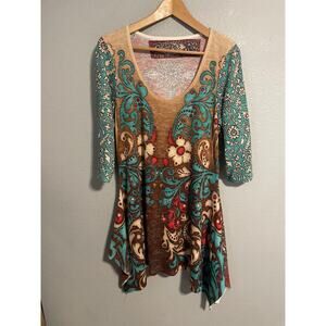 AMMA Design Tunic Top Womens XL Multicolor Paisley Boho Stretch 3/4 Sleeve Artsy